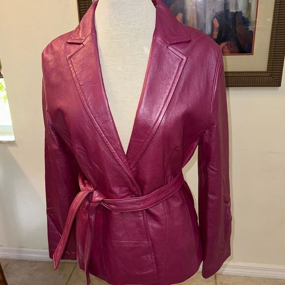 Bernardo Collection Pink Raspberry Belted Soft Leather Jacket Size Medium - Picture 7 of 13